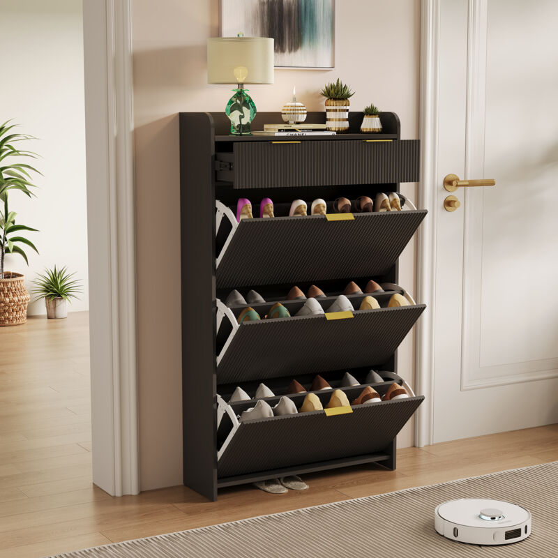 Meuble à chaussures noir, 77x24x133,5 cm, 2 tiroirs + rangement à chaussures à 3 niveaux, poignées métalliques, style contemporain, MDF
