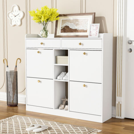 Meuble à chaussures blanc avec 4 portes battantes, 2 tiroirs et 3 compartiments ouverts, poignées dorées, pour couloir, entrée