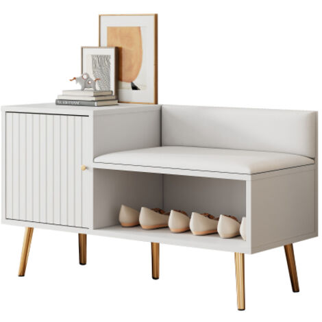 Meuble à chaussures blanc, avec espace de rangement, coussin d'assise et dossier rembourrés — doté de poignées et de pieds en métal, il est idéal pour l'entrée, 100 × 40 × 58 cm
