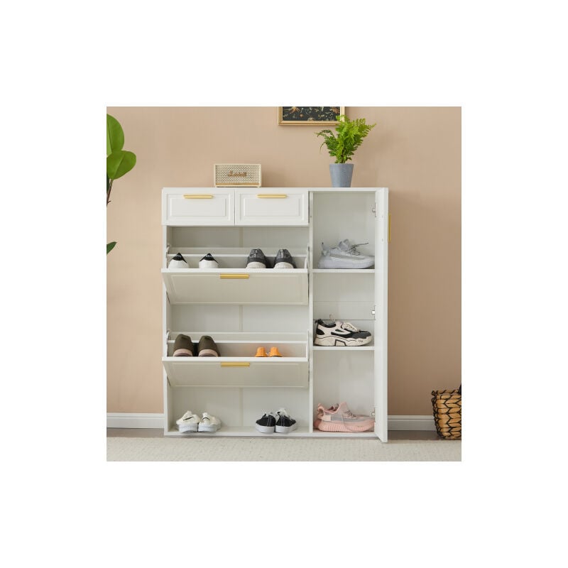 Wishdor - Meuble à chaussures blanc avec étagères réglables, poignées dorées, tiroirs et porte