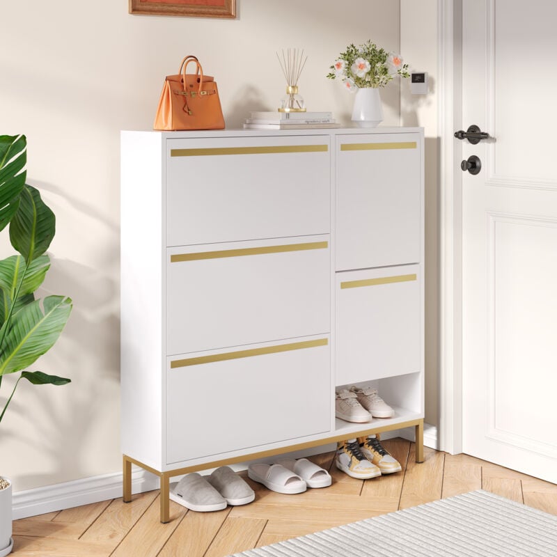Wishdor - Meuble à chaussures blanc avec tabouret à langer, étagère à chaussures pliable en trois parties, surface brillante, pour couloirs, chambres