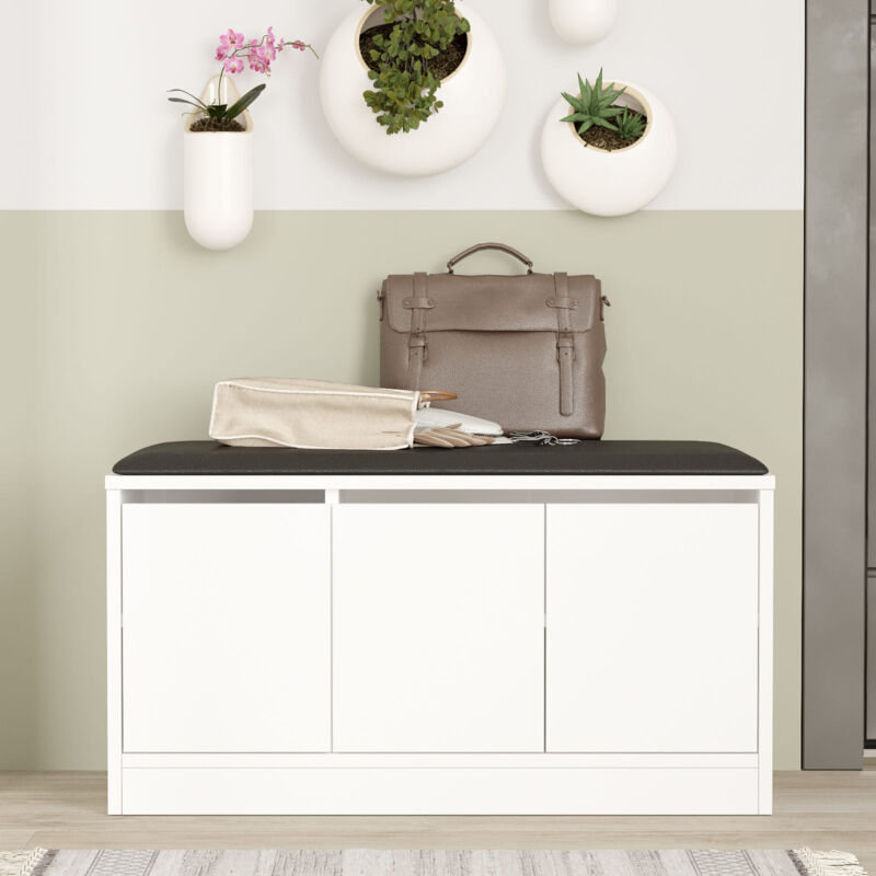 Mobilier1 - Meuble à Chaussures Blanc en Panneau de Particules - 89,6x45,8 cm, Profondeur 35,5 cm, avec Dessus en Cuir pu