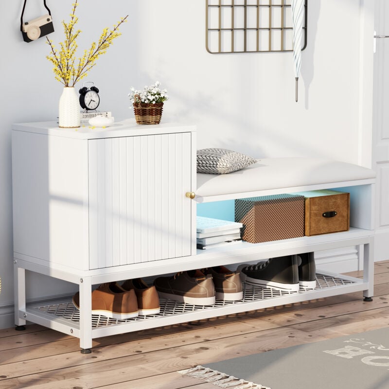 Wishdor - Meuble à chaussures blanc, étagère à chaussures à 1 niveau avec siège rembourré, pour entrée, couloir, salon, chambre