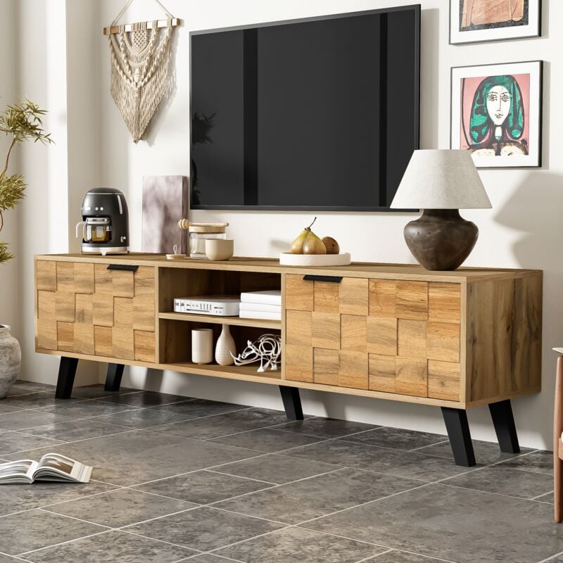 Meuble tv bois avec 2 portes et 2 compartiments ouverts, 160,5 x 35,5 x 45 cm