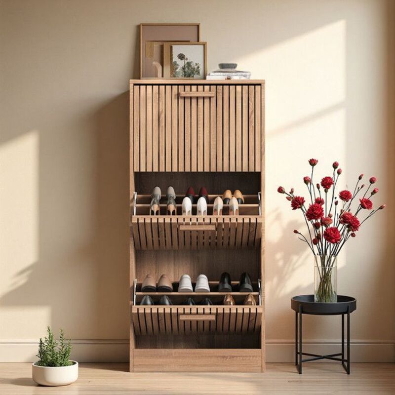 Meuble à Chaussures - Bois Osier - Anti-Basculement - 20 Paires - 113x60x24 cm - Brun Clair
