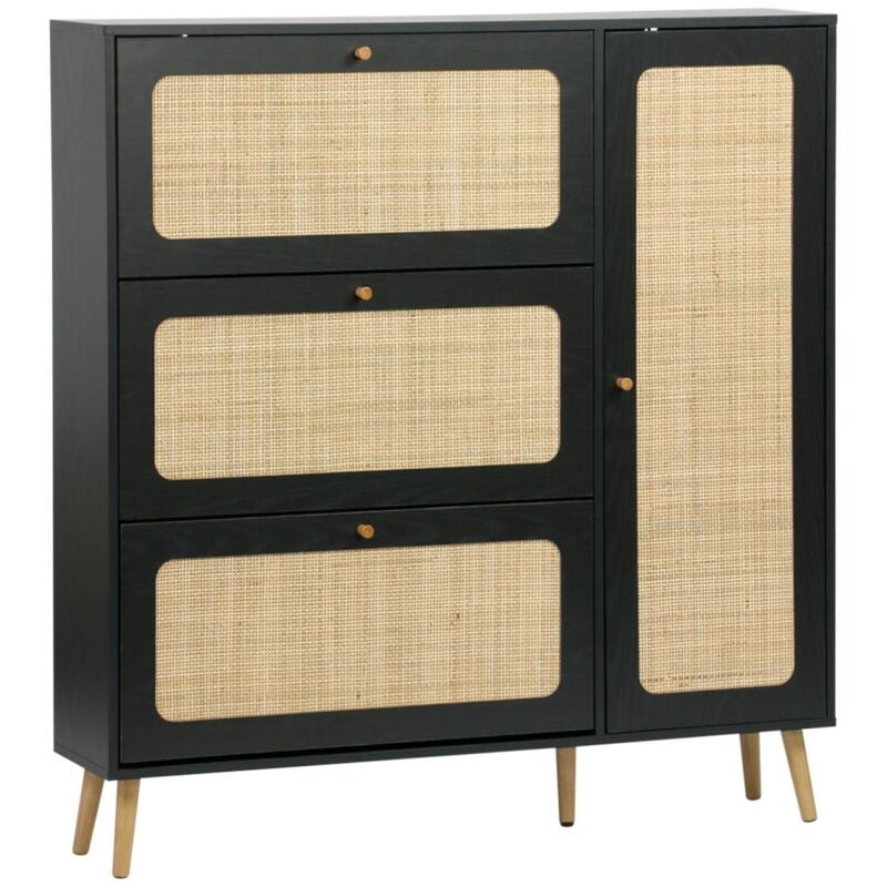 Sweeek - Meuble à chaussure cannage Bohème noir. 3 tiroirs. 1 porte. 21 paires. 120 x 24 x 125 cm