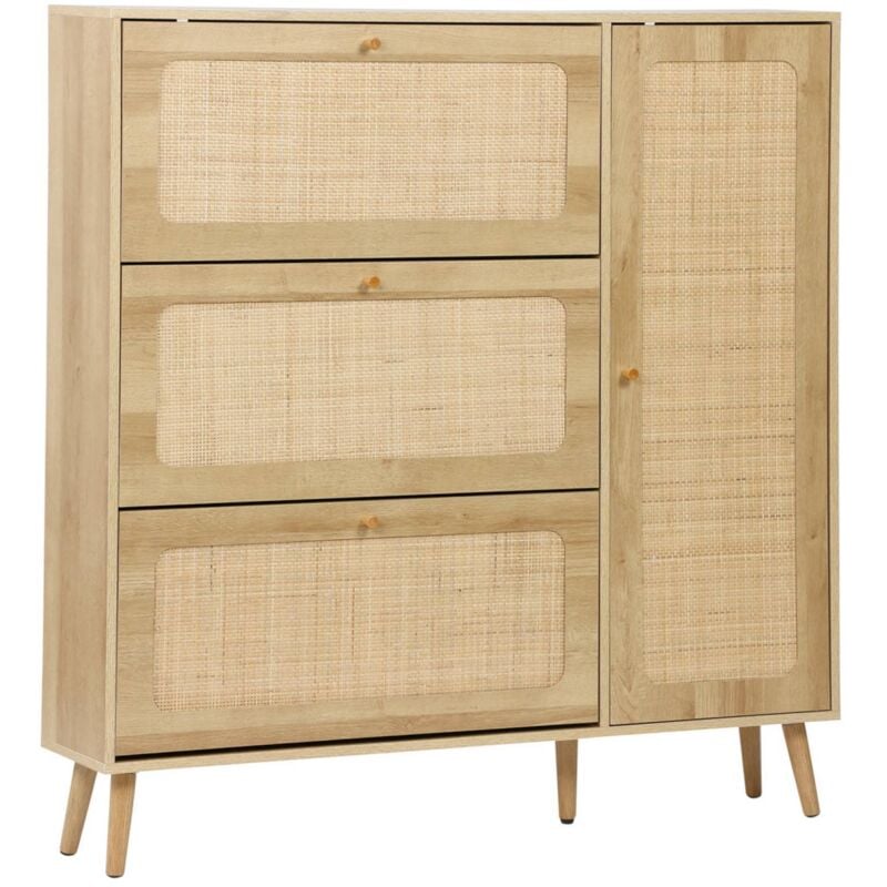 Meuble à chaussure cannage Bohème naturel. 3 tiroirs. 1 porte. 21 paires. 120 x 24 x 125 cm