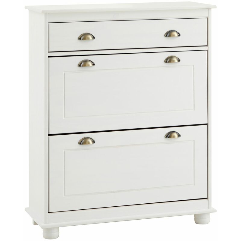 Idimex - Meuble à chaussures en pin colmar, 2 abattants, lasuré blanc