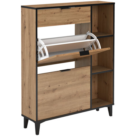 Meuble à chaussures, commode à chaussures avec 2 étagères coloris chêne - Hauteur 110,8 x Longueur 90 x profondeur 24,50 cm