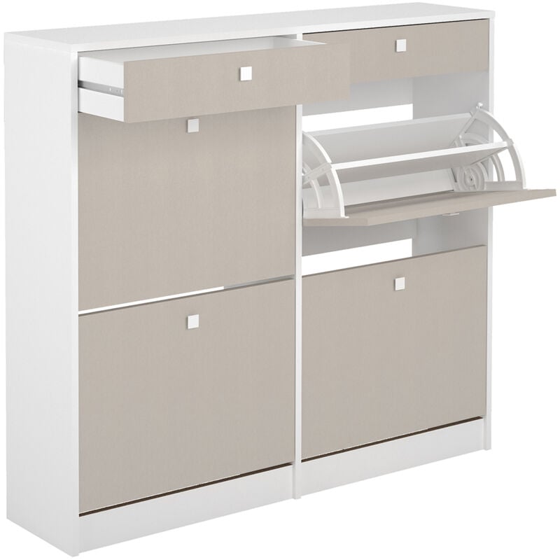 Meuble à chaussures, commode à chaussures avec 2 tiroirs et 4 abattants coloris Chêne Albar/ blanc - Hauteur 104,3 x Longueur 116 x profondeur 27 cm