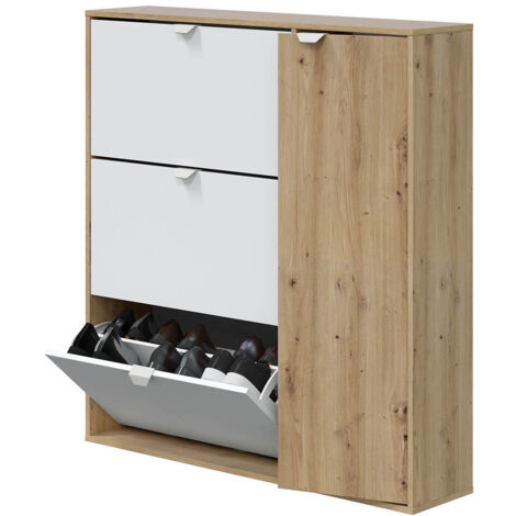 Meuble à chaussures, commode à chaussures avec 4 portes coloris Chêne nordique, blanc artik - hauteur 112 x longueur 105 x profondeur 24 cm