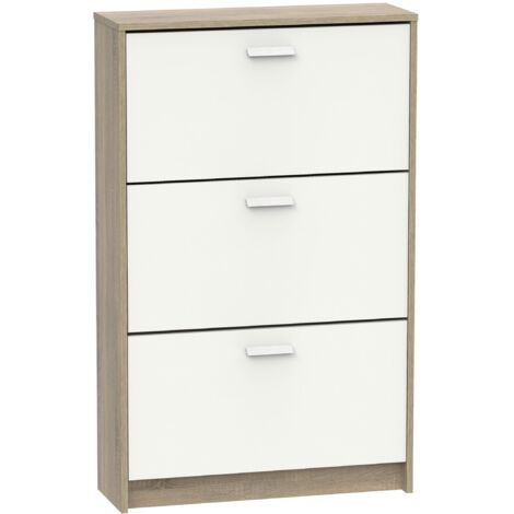 Meuble à chaussures de 3 portes, 18 paires coloris Blanc/Chêne cambrien - Longueur 74 x Profondeur 25 x Hauteur 119,5 cm