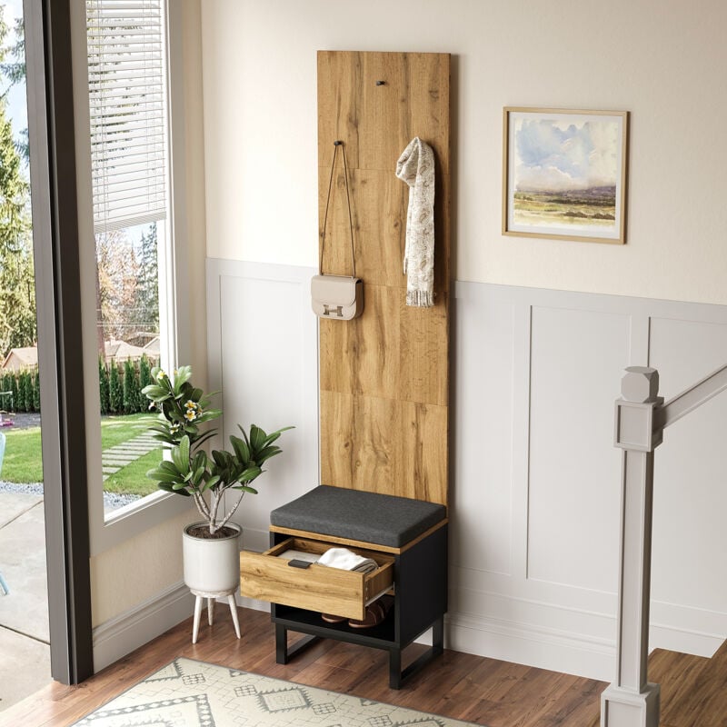 Hauss Spole - Meuble à chaussures de salon 50x 38 x 210 cm, 1 Tiroir, 3 Crochets + Coussin gris, panneau à grain de chêne, couleur naturelle