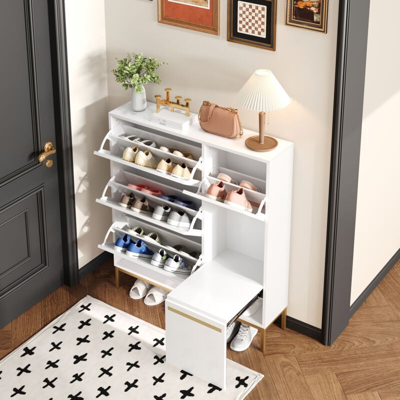 Meuble à chaussures d'entrée 105 x 25 x 115,5 cm, avec tabouret pliant, double étagère, grande capacité, mdf, blanc