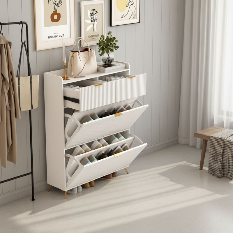 Fortuna Lai – Meuble à chaussures d'entrée 80x24x110 cm avec 2 tiroirs et 2 panneaux rabattables – Séparateurs amovibles – Sécurité anti-basculement