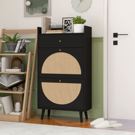 Meuble à chaussures d'entrée 60,2 x 24 x 110,3 cm avec 1 tiroir, 2 compartiments avec abattants, double étagère, sans dossier, aggloméré, noir
