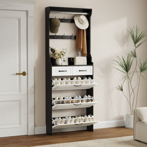 Meuble à chaussures d'entrée 80x23,5x220cm avec 2 tiroirs, porte-manteau, 3 compartiments avec abattants, double étagères, aggloméré, blanc + noir