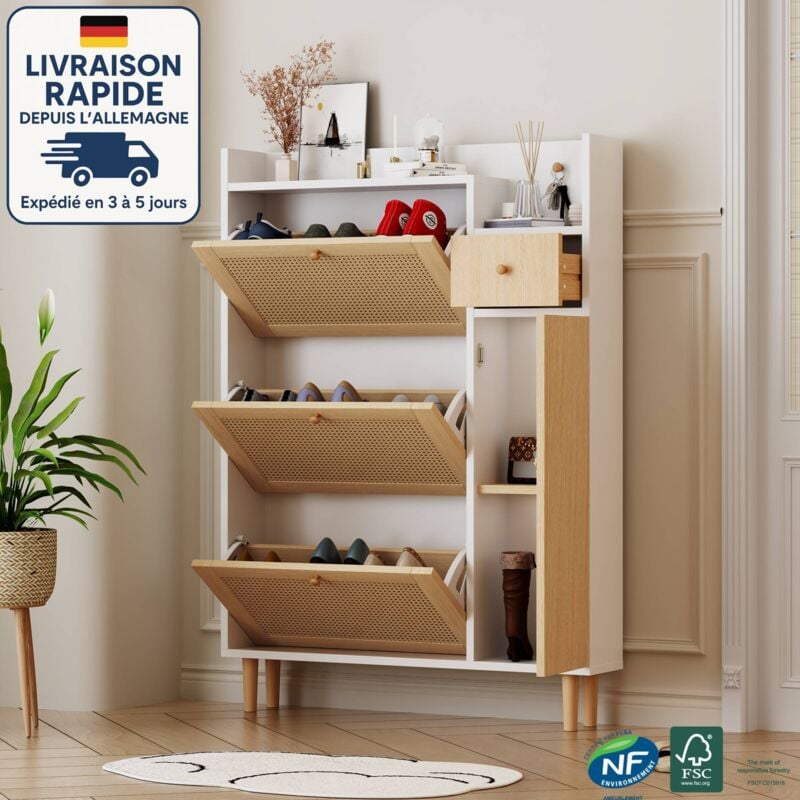 Meuble à chaussures d'entrée 90x17x125 cm, 3 compartiments avec rabats, 1 tiroir 1 porte, mdf, blanc