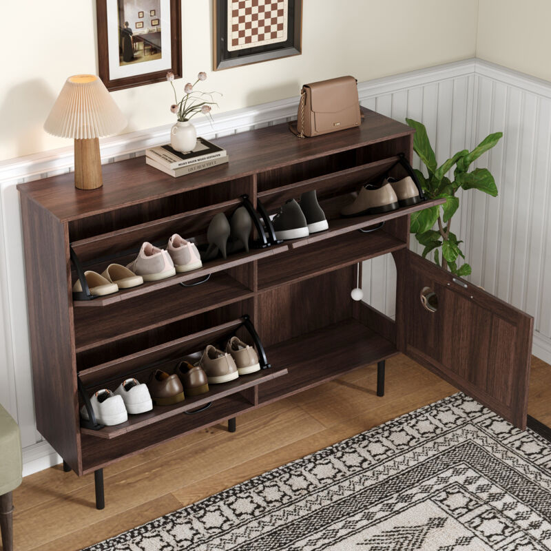 Hauss Spole – Meuble à chaussures d'entrée 3 portes – Capacité 7 à 9 paires – Compartiment de rangement – Dimensions 120L x 28P x 92H cm – Noyer