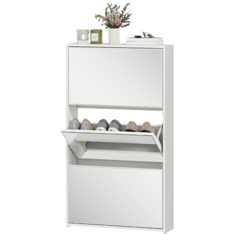 Meuble à chaussures d'entrée avec 3 portes et miroir, étagère à chaussures étroite pour 9 paires de chaussures, 65 x 17 x 114,5 cm, blanc