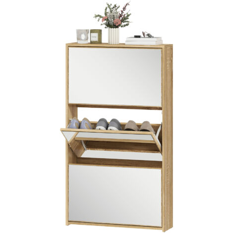 Meuble à chaussures d'entrée avec 3 portes et miroir, étagère à chaussures étroite pour 9 paires de chaussures, 65 x 17 x 114,5 cm, naturel