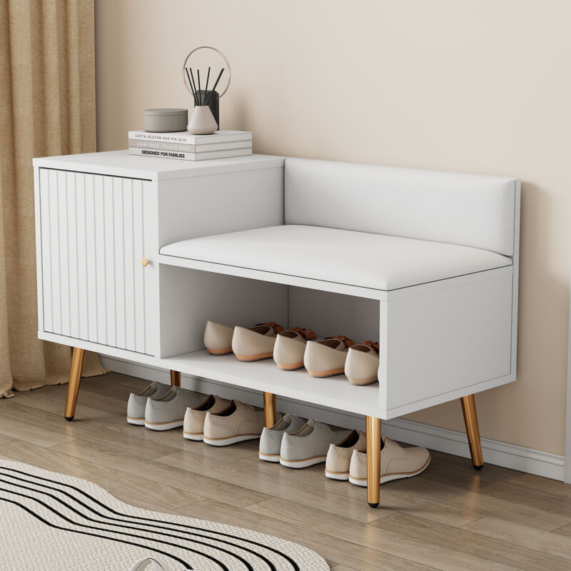 Meuble à chaussures d'entrée avec banc à chaussures, 1 porte, 100x38x58cm, pieds en métal, blanc