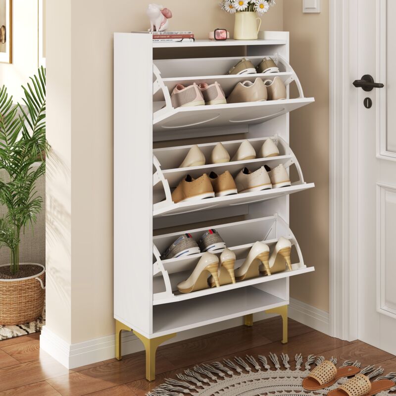 Meuble à chaussures d’entrée blanc avec 3 portes rabattables, pieds métalliques, MDF, 63×24×120 cm – Rangement chaussure gain de place