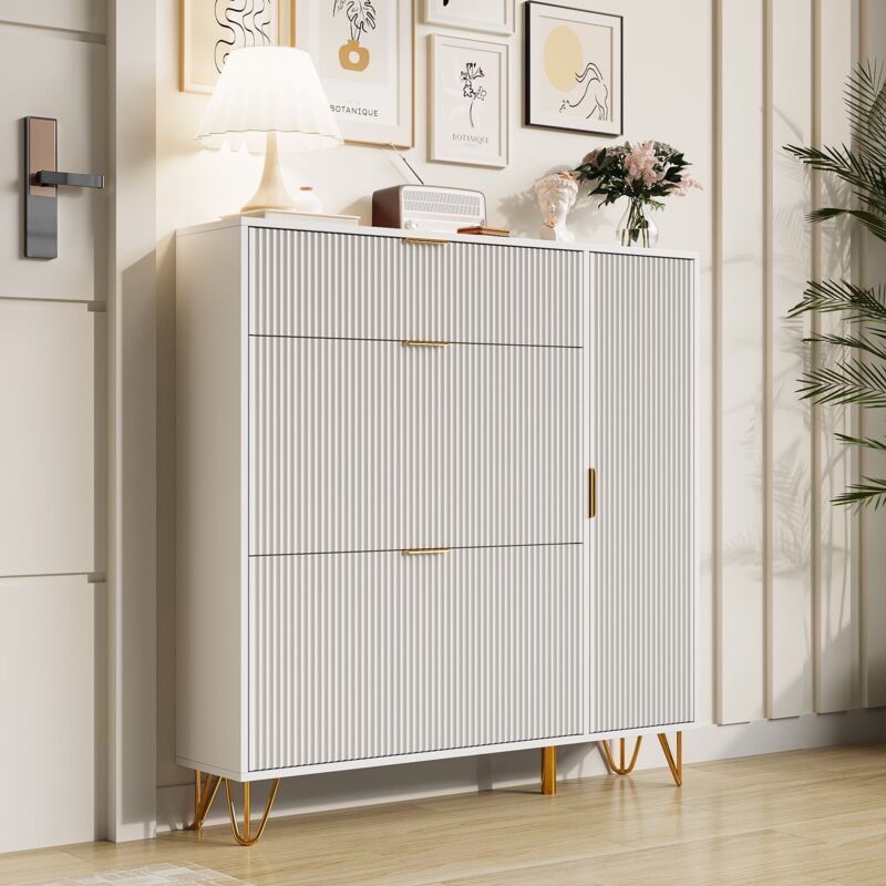 Meuble à chaussures d'entrée en bois blanc,110 x 24 x 118.5 cm,3 pull-down doors and 1 cabinet door,Adjustable Separator,Étagère à chaussures étroite