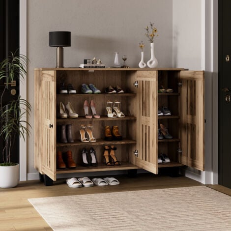 HAUSS SPOLE Meuble à chaussures d'entrée jusqu’à 20 paires, meuble de rangement, 3 portes, 8 étagères, buffet de cuisine, marron, 120×32×92cm