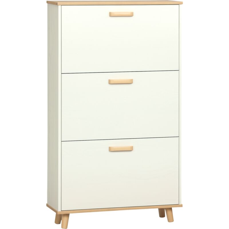 Homcom - Meuble à chaussures design scandinave 3 portes abattantes 3 étagères réglables bois pin panneaux effet bois blanc