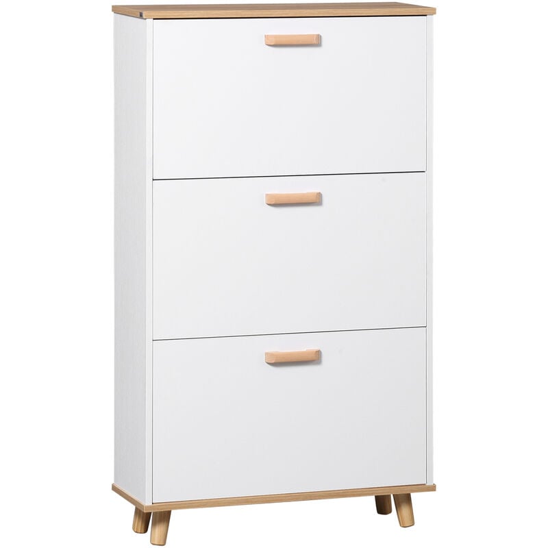 Homcom - Meuble à chaussures design scandinave 3 portes abattantes 3 étagères réglables bois pin panneaux blanc