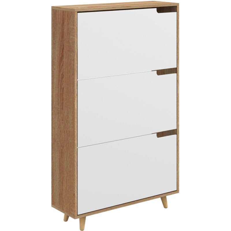 Meuble à chaussures design scandinave - 3 portes abattantes - panneaux blanc aspect bois naturel