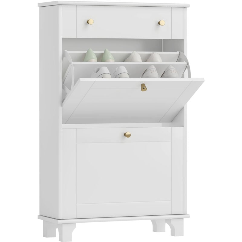 Homcom - Meuble à chaussures design - tiroir, 2 portes abattantes - dim. 60 x 23,5 x 98 cm - poignées métal doré blanc