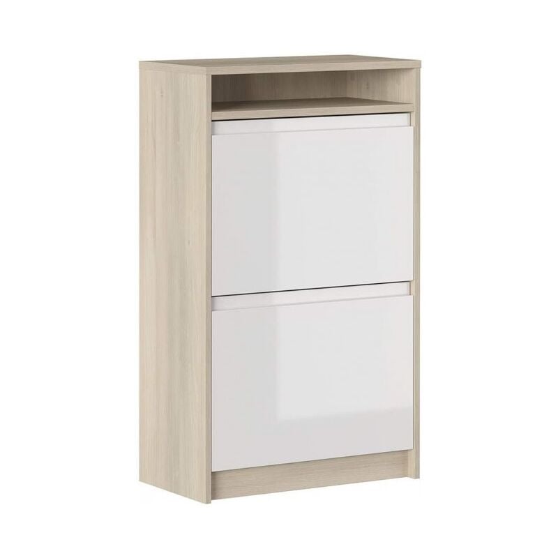 Meuble à chaussures blanc brillant et chêne double profondeur avec 2 portes et compartiment - Cosenza