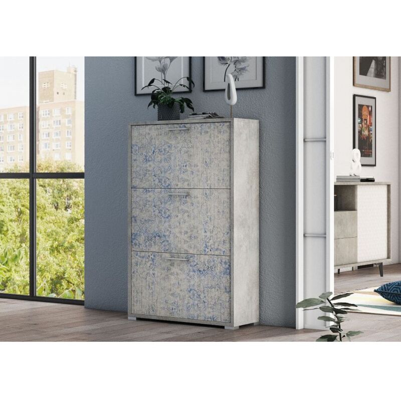 Meuble à chaussures 112 cm double profondeur béton et leizu avec trois portes rabattables - Serbia