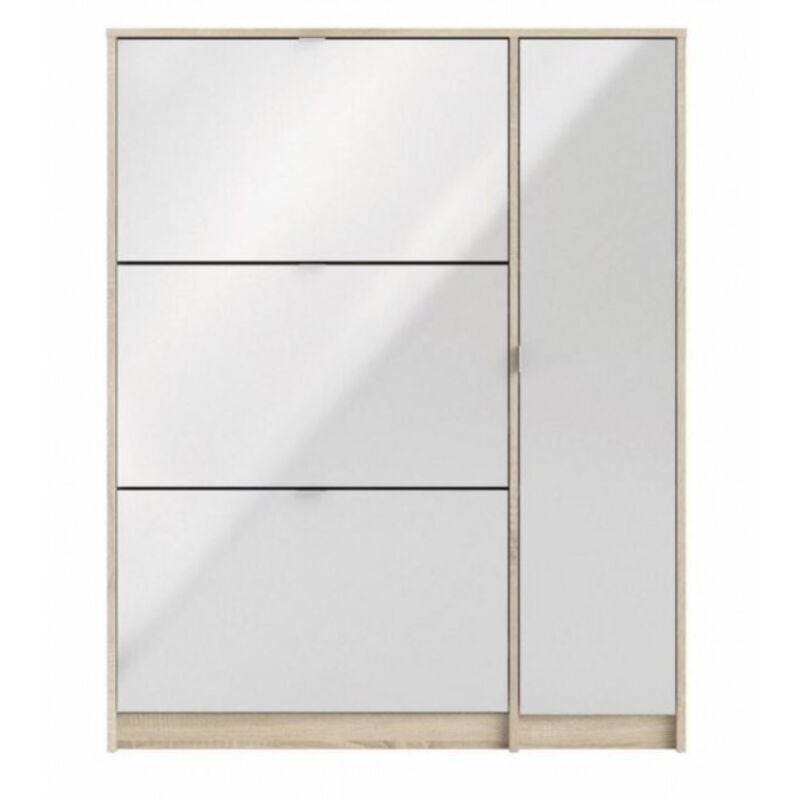 Etagère à chaussures double profondeur 124 cm blanc brillant et chêne avec 3 rabats et une porte - Cuba