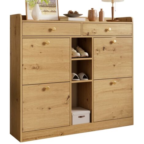 Meuble à chaussures effet bois 110x26x100cm, 4 portes, 2 tiroirs et 3 compartiments, rangement pour entrée et couloir moderne