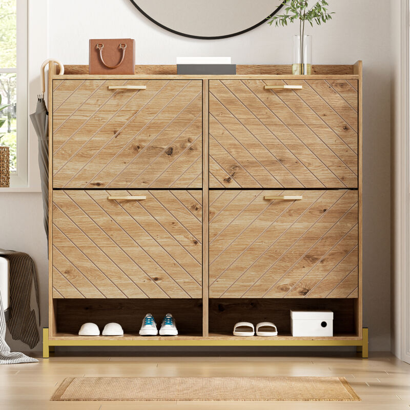 Tanant - Meuble à chaussures en bois, 108,5 x 24 x 100 cm avec 4 portes à abattant, structure en métal, idéal pour une entrée ou un couloir, Naturel