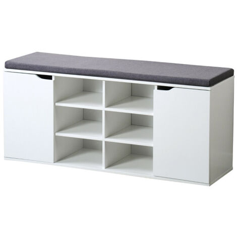 Meuble à chaussures en bois avec coussin + placards - Blanc - L 100 x H 48 cm - Livraison gratuite