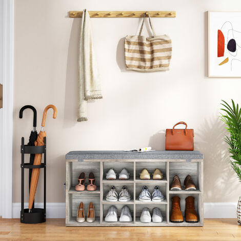 Meuble à Chaussures en Bois ,Banc à Chaussures, Support à Chaussures avec Siège, Banc avec Rangement, Coussin, 10 Compartiments, pour Salon, Couloir, Chambre, Gris
