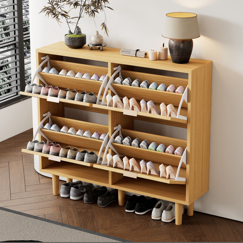 Modernluxe - Meuble à chaussures en bois et rotin - 4 portes abattants - Naturel