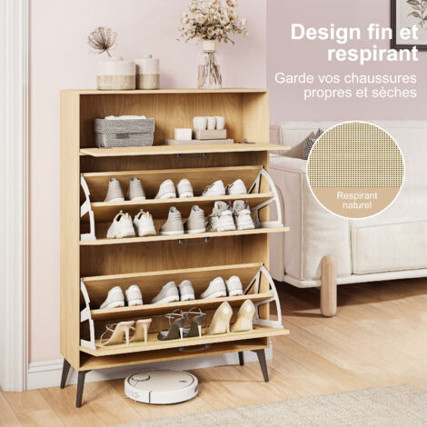 Meuble à chaussures en cannage bois clair, meuble d’entrée avec tiroir et 2 portes, armoire à chaussures gain de place avec pieds métal, rangement chaussures pour entrée, couloir, salon