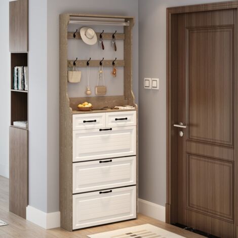Meuble à chaussures en chêne blanc-3 portes 2 tiroirs-Avec porte-manteaux-80x23.5x220(cm)