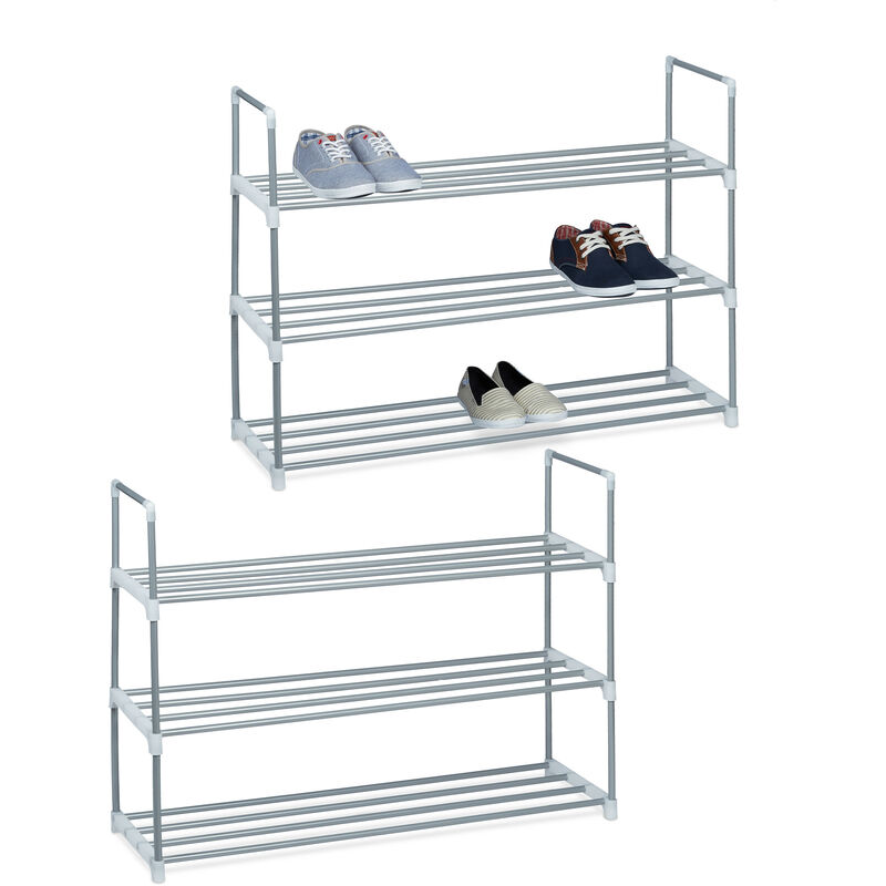 Étagère à chaussures, lot de 2, à emboîter, en métal, 3 étages, 70x90x31 cm, extensible, rangement à emboîter, argent