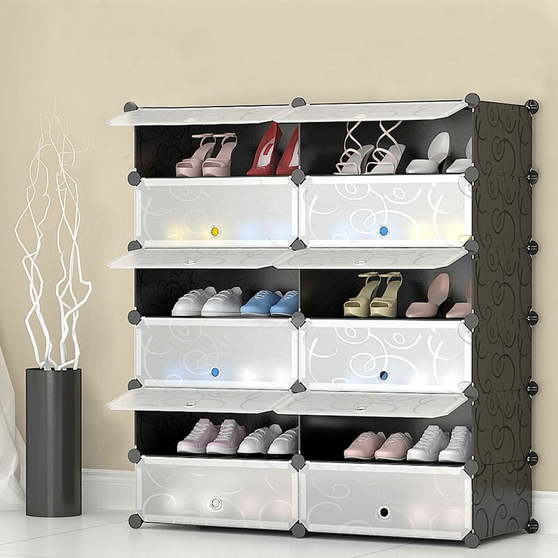 Meuble A Chaussures En Plastique Armoire 12 Cubes Etagere De Rangement 95 X 37 X 107 Cm Noir Imprimee 102hj102565