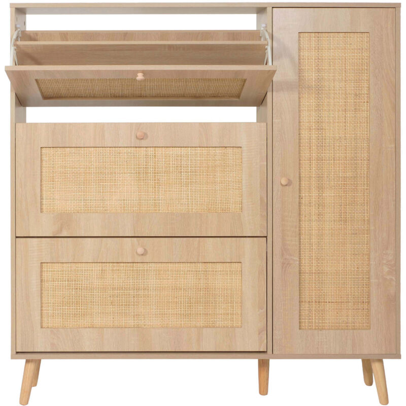 Meuble à chaussures en rotin HWC-M37, étagère à chaussures armoire à chaussures, 3 compartiments basculants 2 étagères 1