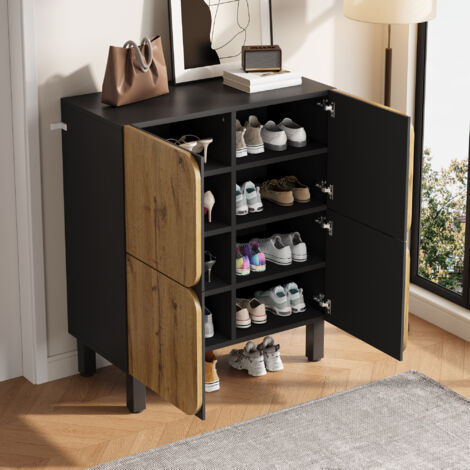 Meuble à chaussures entrée, 4 portes, étagères réglables, 80x38,5x95 cm, MDF noir et naturel