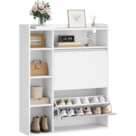Meuble à Chaussures Entrée avec 2 Portes, Armoire à Chaussures avec 5 Compartiments de Rangement, Séparateur Réglables, 8 à 12 Paires, pour Entrée, Salon, Blanc
