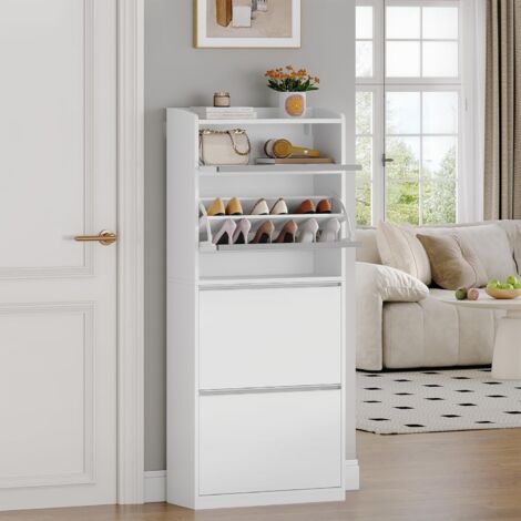 Meuble à Chaussures Entrée avec 3 Portes, Armoire à Chaussures avec 1 Casier à Rabattre, Séparateur Réglables, 12 à 18 Paires, pour Entrée, Salon, Blanc
