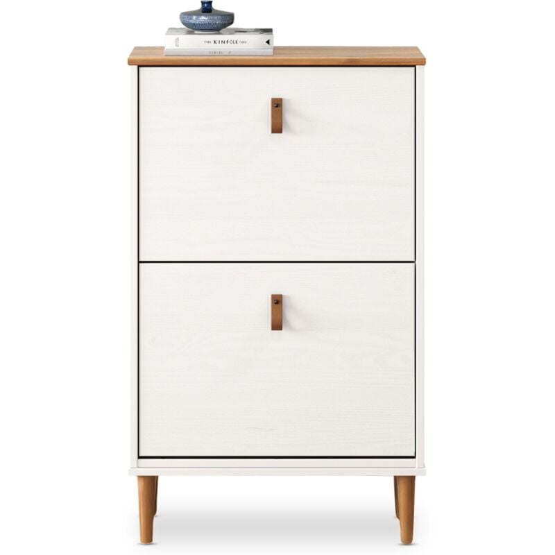 Idimex - Meuble à chaussures entrée mikka en bois massif - Blanc et chêne